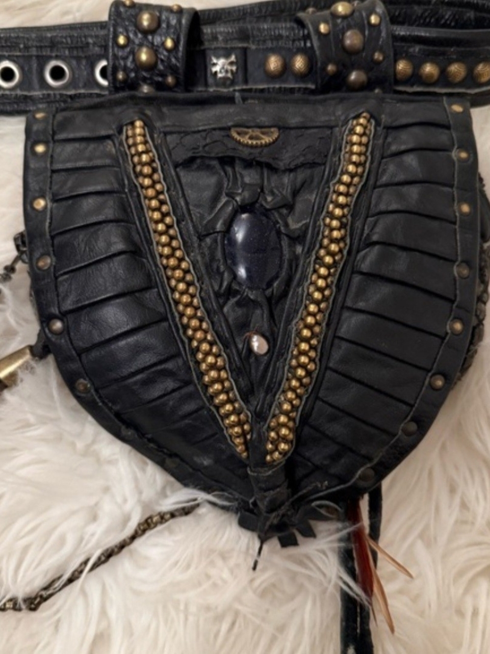 Festival Black Studded Leather Crossbody And Fanny Bag with Brass Accents